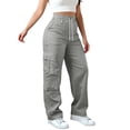 thumbnail image 1 of aohooy Womens Petite Cargo Pants Drawstring Wide Leg High Waisted Baggy Sweatpants Multi Pockets Athletic Jogging Workout Trousers Gray,XL, 1 of 9
