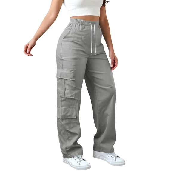 aohooy Womens Petite Cargo Pants Drawstring Wide Leg High Waisted Baggy Sweatpants Multi Pockets Athletic Jogging Workout Trousers Gray,XL