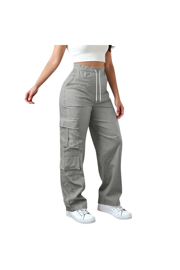 Womens Petite Cargo Pants Drawstring Wide Leg High Waisted Baggy Sweatpants Multi Pockets Athletic Jogging Workout Trousers Gray,XL