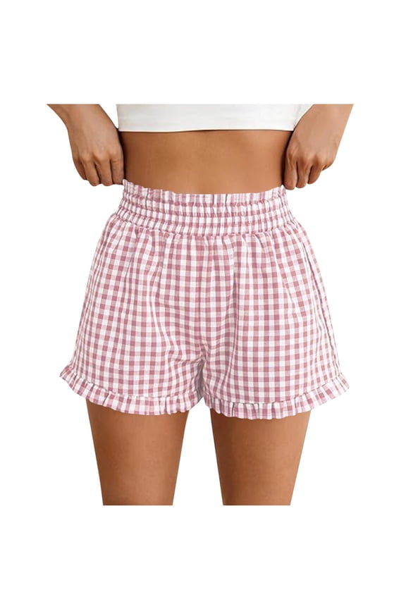 Womens Petite Shorts Casual Plaid Ruffle Lounge Shorts Summer Elastic High Waist Pajamas Boxers Pants Pink,L