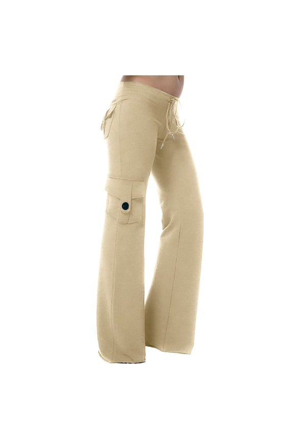 Womens Petite Yoga Pants with Pockets Wide Leg High Rise Plus Size Drawstring Stretch Cargo Leggings Beige,M