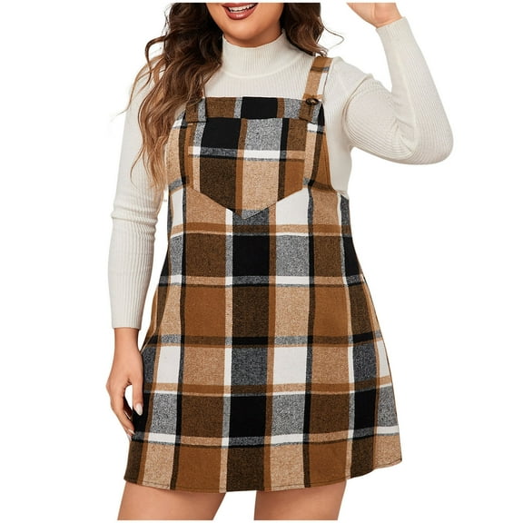 aohooy Womens Plaid Overall Dress - Plus Size Adjustable Straps Casual Dresses Oversized Sleeveless Pinafore Dresses with Pockets Brown,XXL
