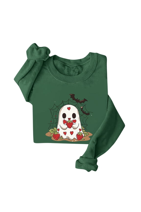 Womens Plus Halloween Shirt Sweatshirts for Women Ghost Print Long Sleeve Crewneck Pullover Loose Fit Cute Graphic Tee Shirt Army Green,S