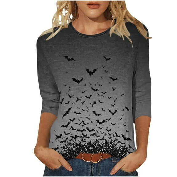 aohooy Womens Plus Halloween Shirts 3/4 Sleeve Crewneck Shirt Funny Holiday Tees Pumpkin Witch Ghost Graphic Tee Pullover Tops Black,XL