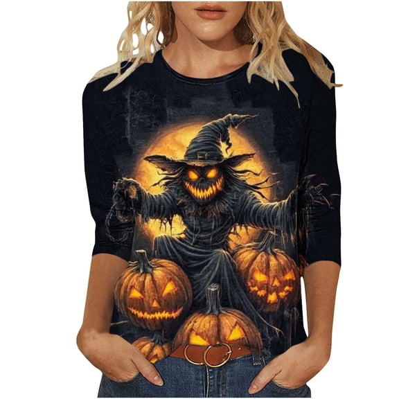 aohooy Womens Plus Size Halloween T Shirts 3/4 Sleeve Crewneck Shirt Funny Holiday Tees Pumpkin Witch Ghost Graphic Tee Pullover Tops Multicolor,XXXXL
