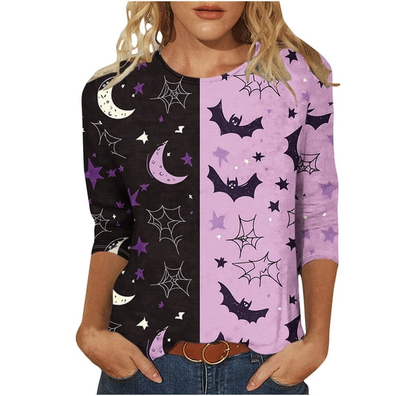 aohooy Womens Plus Size Halloween Tees 3/4 Sleeves Fall Shirts Halloween Theme Graphic Tees Tops Vacation Shirts Crewneck Pullover 2025 Multicolor,XXXXL