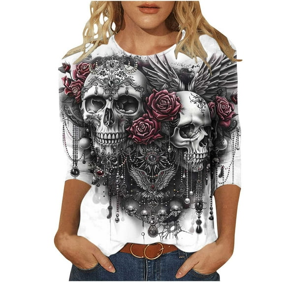 aohooy Womens Plus Size Halloween Tops Three Quarter Sleeve Funny Graphic T-Shirts Holiday Festivel Party Crewneck Tunic Tops Multicolor,XL