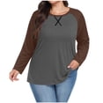 thumbnail image 1 of aohooy Womens Plus Size Long Sleeve Baseball Shirt Color Block Casual Loose Tees Tshirts Spring Round Neck Loose Fit Tunic Tops Brown,M, 1 of 7