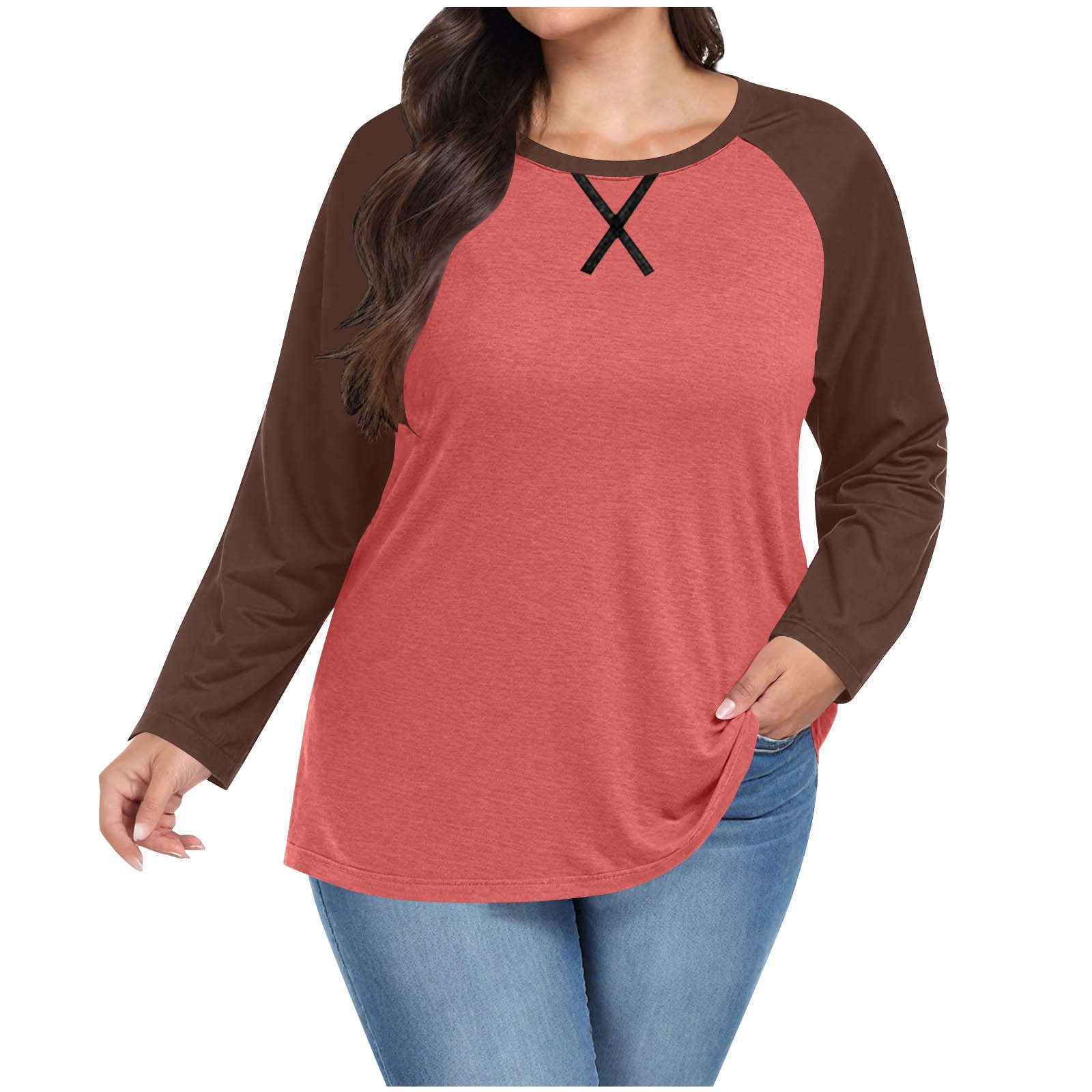 aohooy Womens Plus Size Long Sleeve Baseball Shirt Color Block Casual Loose Tees Tshirts Spring Round Neck Loose Fit Tunic Tops Red,XXXXXL