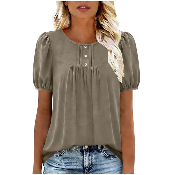 aohooy Womens Plus Size Scoop Neck T Shirts Puff Sleeve Pleated Tops Loose Fit Short Sleeve Summer Casual Tunic Blouses Beige