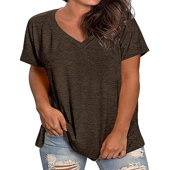 aohooy Womens Plus Size V Neck Short Sleeve T-Shirts Casual Summer Tops Oversized Loose Fit Split Tees Ladies Basic Shirt Top Coffee,XL