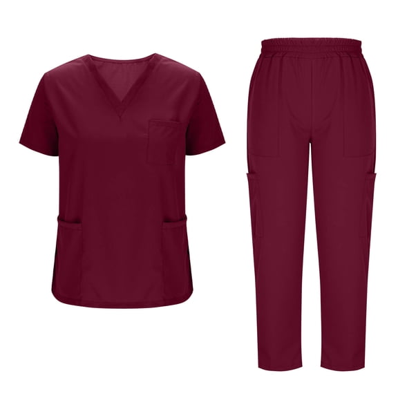 aohooy Womens Scrub Sets Jogger Style Stretch V-Neck Tops Jogger Pant Nursing Uniforms Breathable Casual Outfits Wine,L
