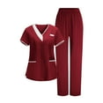 thumbnail image 1 of aohooy Womens Scrub Sets Straight Leg Stretchy Color Block V-Neck Tops and Cargo Pants Jogger Outfits Medical Suit Red,XL, 1 of 9