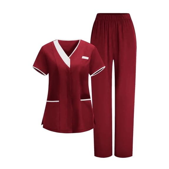 aohooy Womens Scrub Sets Straight Leg Stretchy Color Block V-Neck Tops and Cargo Pants Jogger Outfits Medical Suit Red,XL