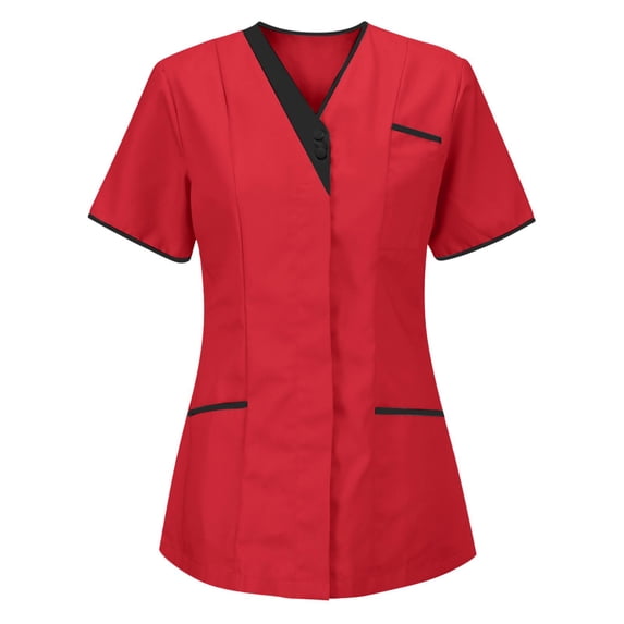 aohooy Womens Scrub Tops Stretchy Casual Workwear Uniform Shirts V-Neck Short Sleeve Snap Front T-Shirt with Multi Pockets Red,M