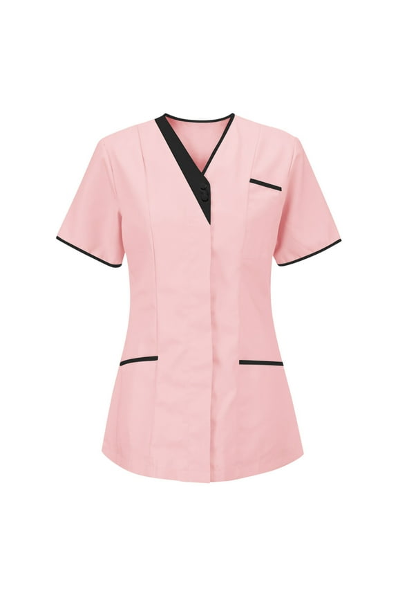 Womens Scrubs Tops Stretchy Workwear Uniform Shirts V-Neck Short Sleeve Snap Front T-Shirt with Multi Pockets Pink,L