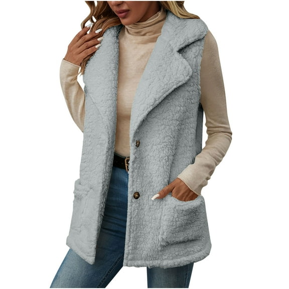 aohooy Womens Sherpa Vest Plus Size - Sleeveless Fuzzy Fleece Fluffly Vests Warm Button Down Notch Lapel Jackets with Pockets Gray,XL