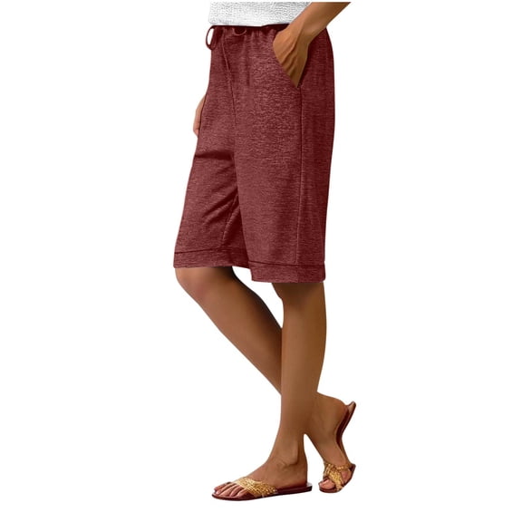 aohooy Womens Shorts Soft Knee Length Summer Loose Athletic Short Elastic Drawstring Waist Lounge Running Shorts with Pockets Wine,M