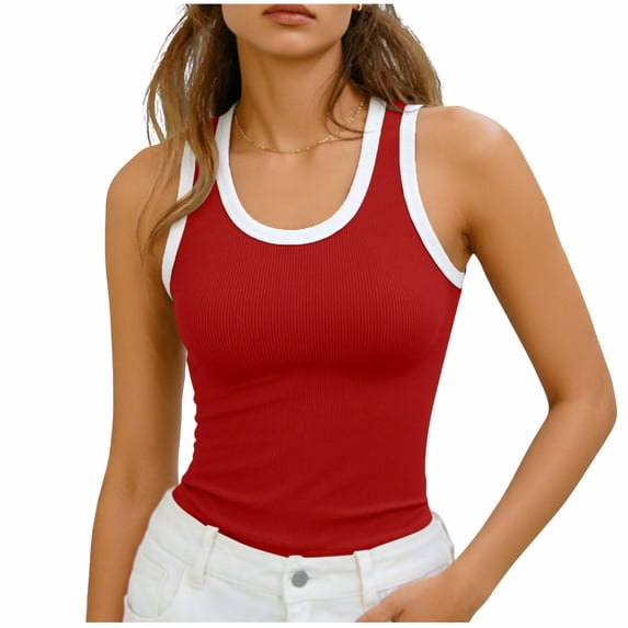 aohooy Womens Sleeveless U Neck Tank Top Ribbed Fitted Contrast Color Trendy Summer Going Out Basic Tops Racerback Undershirt 2026 Red,S