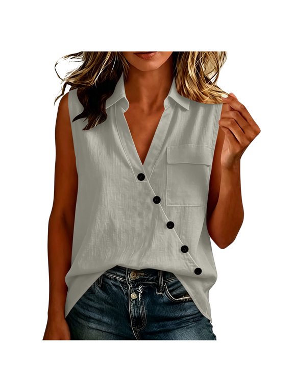 Womens Sleeveless V Neck Shirts Cotton Linen Oblique Button Decorate Blouse Loose Collared Work Tank Tops with Flap Pocket Gray,M