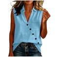thumbnail image 1 of aohooy Womens Sleeveless V Neck Shirts Cotton Linen Oblique Button Decorate Blouse Loose Collared Work Tank Tops with Flap Pocket Light Blue,M, 1 of 8