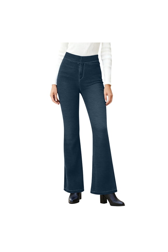 Womens Straight Leg Jeans Casual Tummy Control High-Waisted Butt Lifting Denim Pant Spring Summer Classic Office Work Trousers with Pockets Dark Blue,L