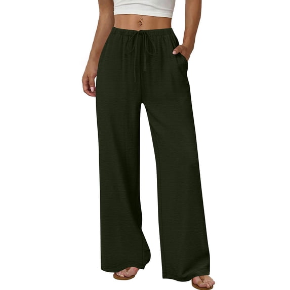 aohooy Womens Straight Leg Lounge Pants Flowy Drawstring Elastic Waist Trousers Summer Vacation Beach Palazzo Pant with Pockets Army Green,S
