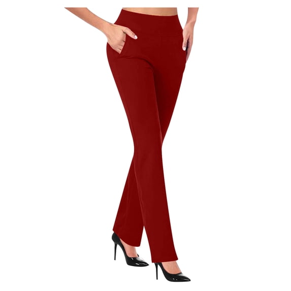 aohooy Womens Stretch Work Pants Business Casual Wide Leg High Waisted Solid Pull-On Pant Bootcut Workout Everyday Office Trousers Watermelon Red,M