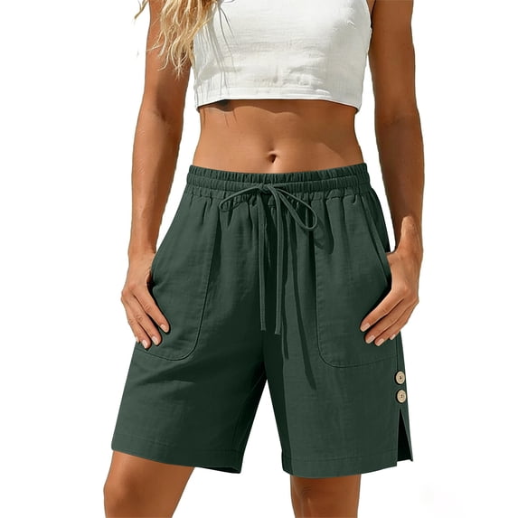 aohooy Womens Summer Linen Shorts Elastic Waist Drawstring Beach Vacation Shorts Side Split Buttons Lounge Short with Pocket Green,XXL