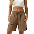 thumbnail image 1 of aohooy Womens Summer Linen Shorts Elastic Waist Drawstring Beach Vacation Shorts Side Split Buttons Lounge Short with Pocket Khaki,M, 1 of 8