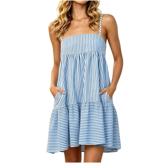 aohooy Womens Summer Striped Mini Dress Casual Spaghetti Strap Sleeveless Ruffled Flowy A Line Beach Vacation Sundress with Pocket Light Blue,L