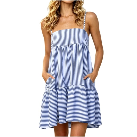 aohooy Womens Summer Striped Mini Dress Casual Spaghetti Strap Sleeveless Ruffled Flowy A Line Beach Vacation Sundress with Pocket Navy,XL