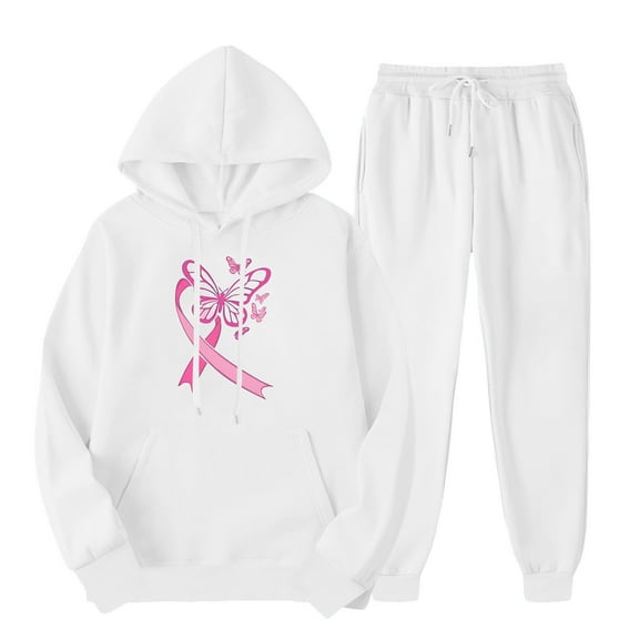 aohooy Womens Sweat Suits 2 Piece with Hoodie,Sweatsuits for Women Set 2 Piece Jogging Outfit Pink Ribbon Breast Cancer Print Hoodie Sweatshirt Sweatpants Tracksuit 2024 White,S