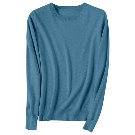 aohooy Womens Sweater Large - Crewneck Knitted Cropped Sweaters Basic Pullover Long Sleeve Tops Blue,M