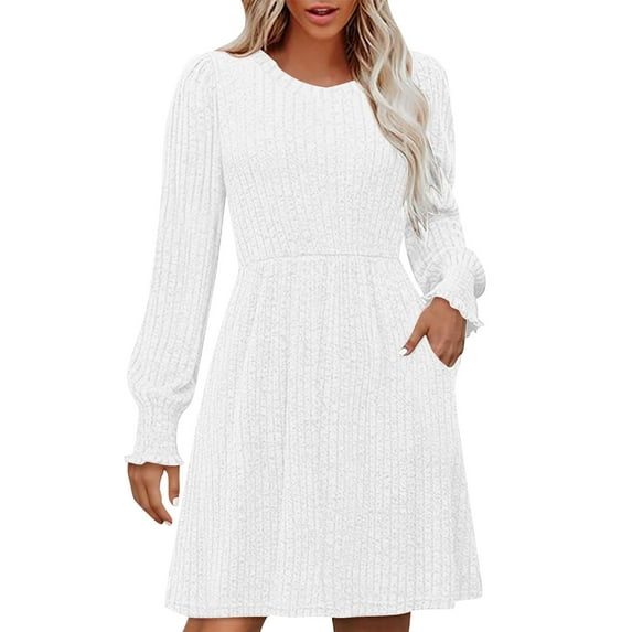 aohooy Womens Sweater for Dress - Ribbed Knit Empire Waist Tunic Dresses Crewneck Long Sleeve Dress with Pockets White,XXL