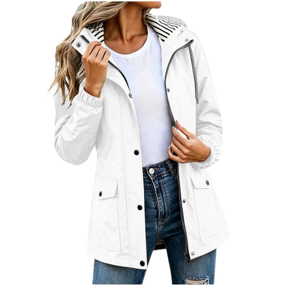 aohooy Womens Waterproof Windproof Rain Jacket Hooded Rain Coat Lightweight Striped Lined Windbreaker Jacket with Pockets 2026 White,L