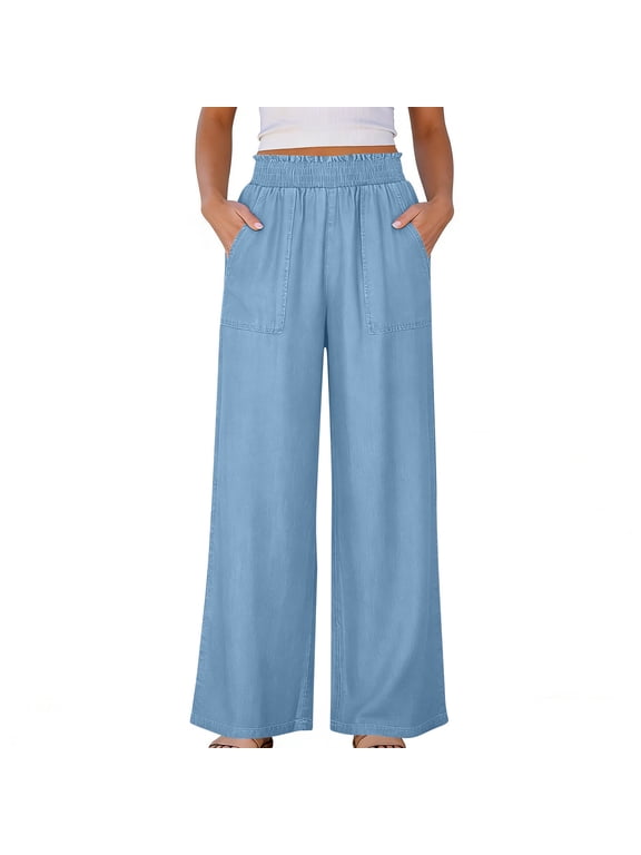 Womens Wide Leg Petite Jeans Casual Palazzo Pleated Denim Pant with Pockets Loose Stretchy Baggy Elastic Waist Trousers Light Blue,XL