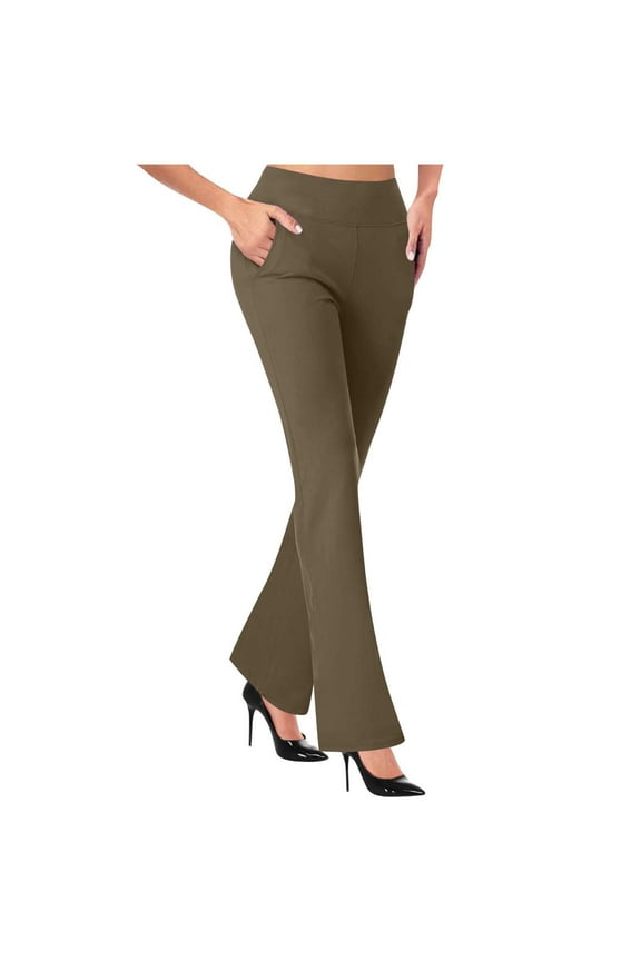 Womens Work Pants Business Casual Wide Leg High Waisted Solid Pull-On Pant Stretchy Bootcut Workout Everyday Office Trousers Brown,L