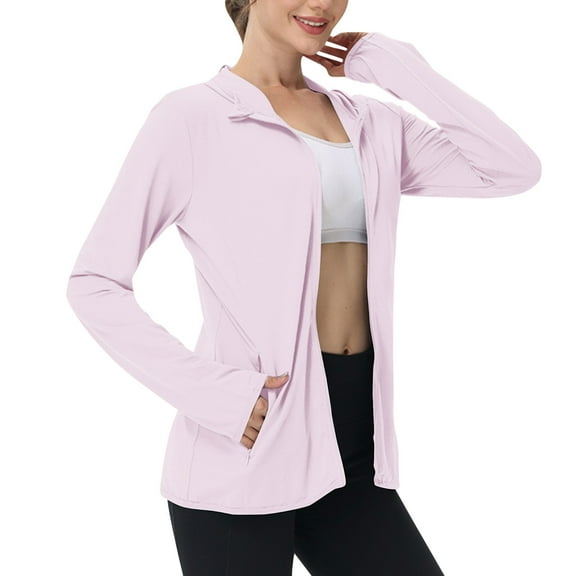 aohooy Womens Yoga Jacket Full Zip Plus Size Lightweight Sun Protection Hoodies Cooling Long Sleeve Hiking Fishing Summer Outerwear Tops Pink,XL