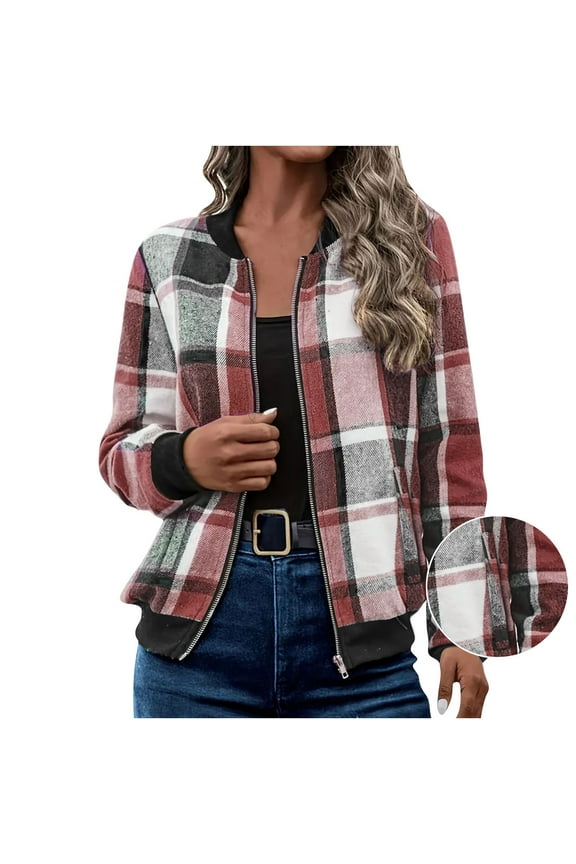 Womens Zip Front Sweatshirt Fashion Casual Plaid Flannel Buffalo Plaid Jackets Long Sleeve Shacket Cropped Baggy Fall Coat with Pocket Red,XL