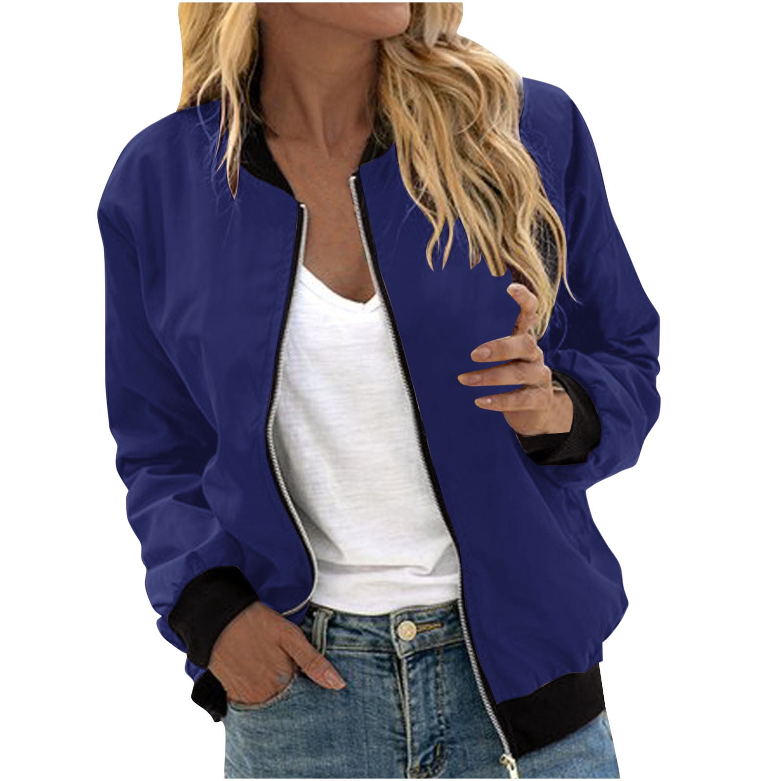 aohooy Womens Zip Up Jacket Lightweight Casual Crewneck Bomber Jackets ...
