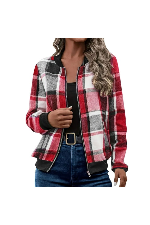 Womens Zip Up Sweatshirt Fashion Casual Plaid Flannel Buffalo Plaid Jackets Long Sleeve Shacket Cropped Baggy Fall Coat with Pocket Red,M