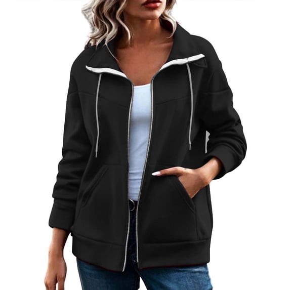 aohooy Womens Zip Up Sweatshirts Lapel Collar Long Sleeve Lightweight Fall Trendy Track Jackets Coat Outwear with Pockets 2026 Black,XL