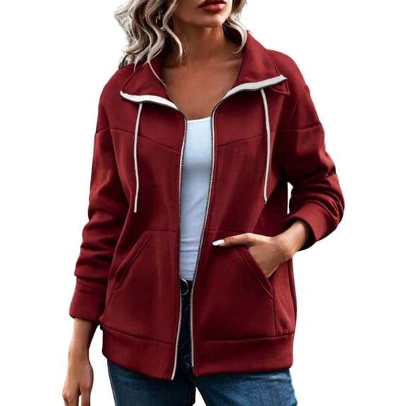 aohooy Womens Zip Up Sweatshirts Lapel Collar Long Sleeve Lightweight Fall Trendy Track Jackets Coat Outwear with Pockets 2026 Wine,XL