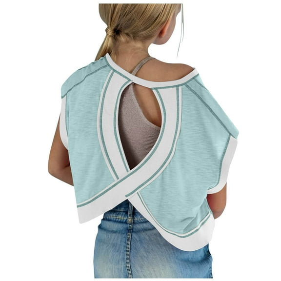 aohooy Y2k Tops for Kids Open Back Hollow Cotton Criss Cross Athletic Crop Top Short Sleeve Lightweight Gym Shirts Green,11 Years