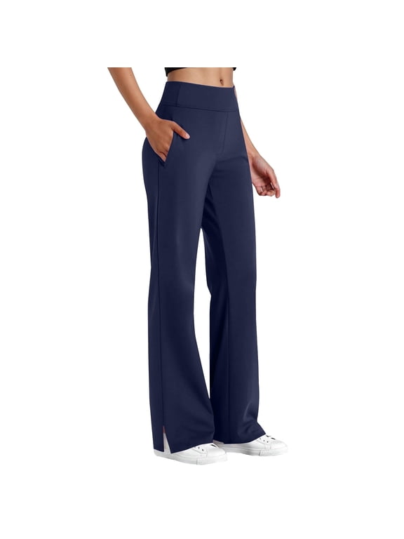Yoga Pants Scrubs for Women, Boot Cut Wide Leg Stretchy Side Split Dress Pant High Wasit Comfy Trousers with Pockets Blue,M