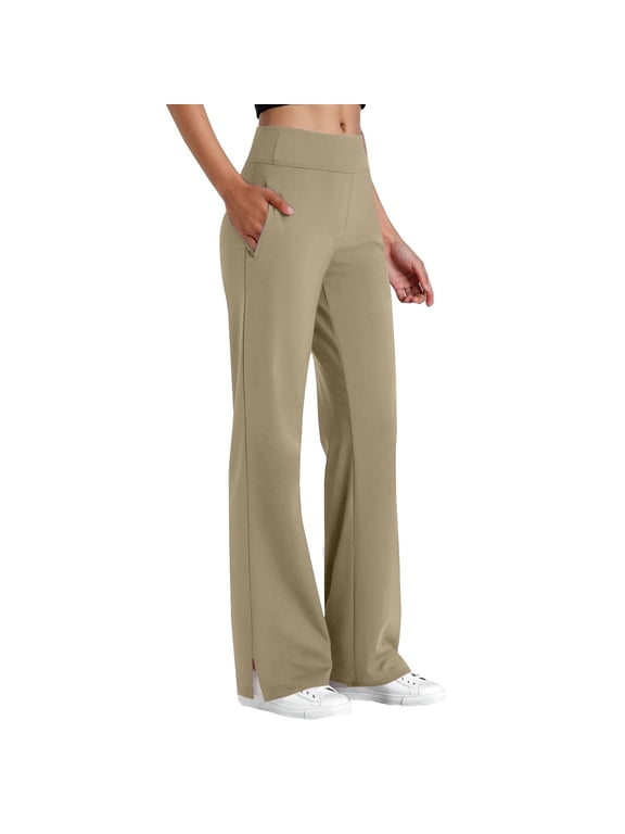 Yoga Style Scrub Pants for Women, Boot Cut Wide Leg Stretchy Side Split Dress Pant High Wasit Comfy Trousers with Pockets Beige,XXL
