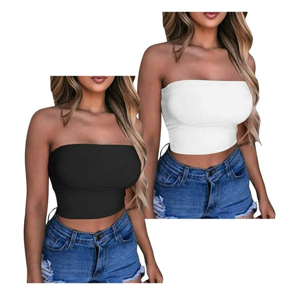 Gufahion 2 Pack Women's Strapless Tube Tops, Fashion Solid Color Sports Summer Tube Tops, Basic Bandeau, XL