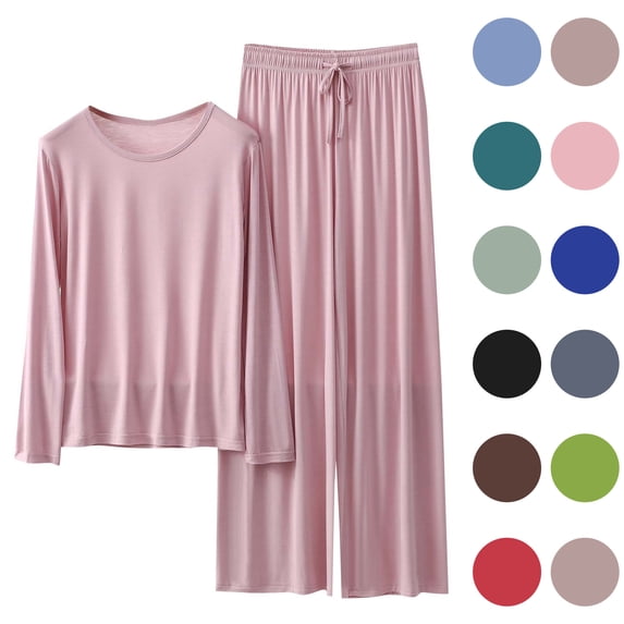 Amkhujs 2 Piece Sets for Women Summer Loungewear Sets Outfits Round Neck Long Sleeve Tops Wide Leg Pants Pajamas for Women Set