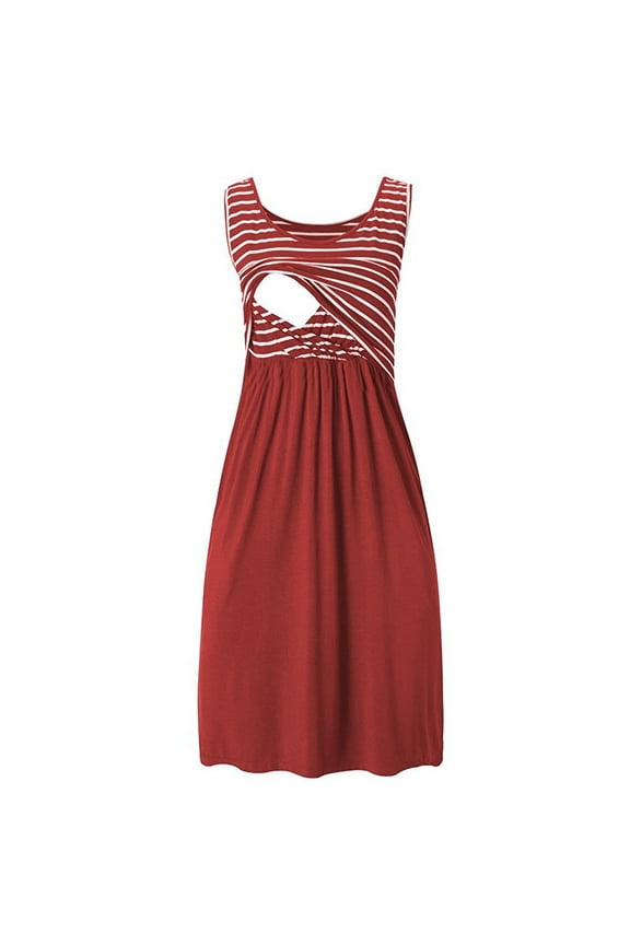 Maternity Skirts for Women Fashion Stripe Breast-Feeding Pregnant Patchwork Woman Nursing Dress Sleeveless Round-Neck Plus Size Womens Clothing Clothes, Gifts